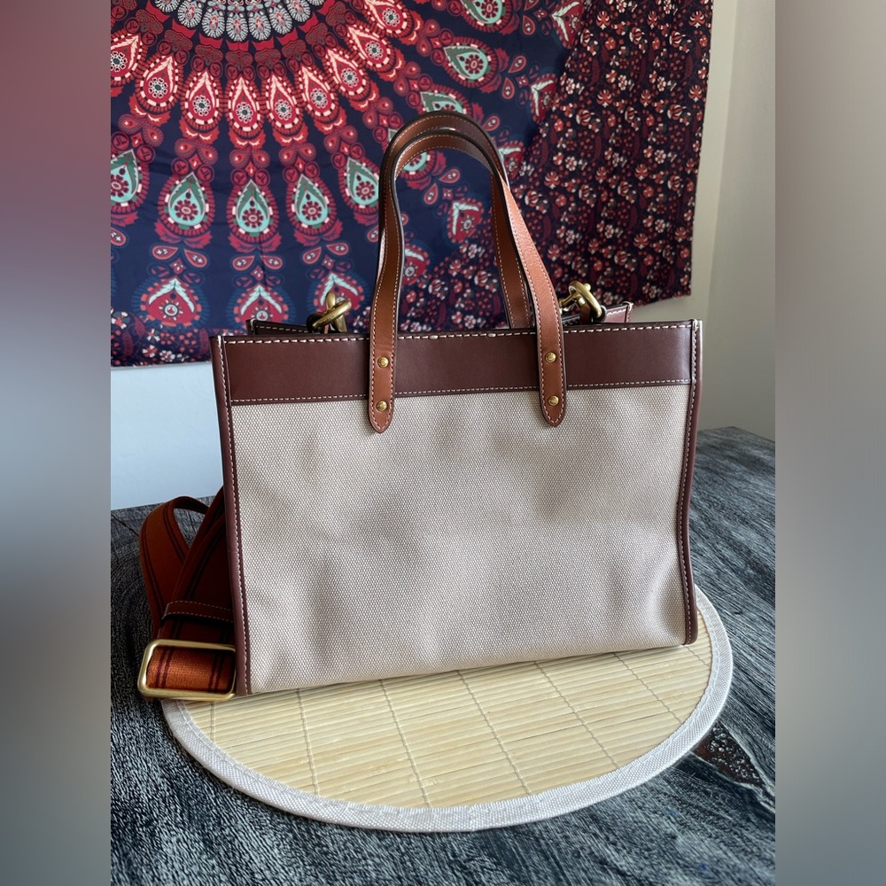 Coach Leatherware Two-Tone Canvas Tote in Beige and Brown with Orange Strap - Picture 3 of 8